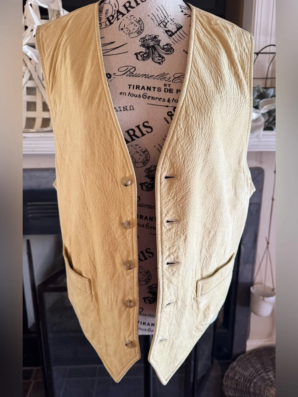 90s Vintage Banana Republic Yellow Leather Safari Vest Brown Satin Lining Small